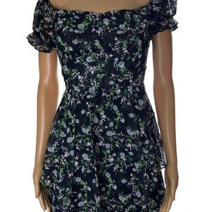 Womens Boho Playsuit Romper Medium M Black Green Floral Off The Shoulder Lined